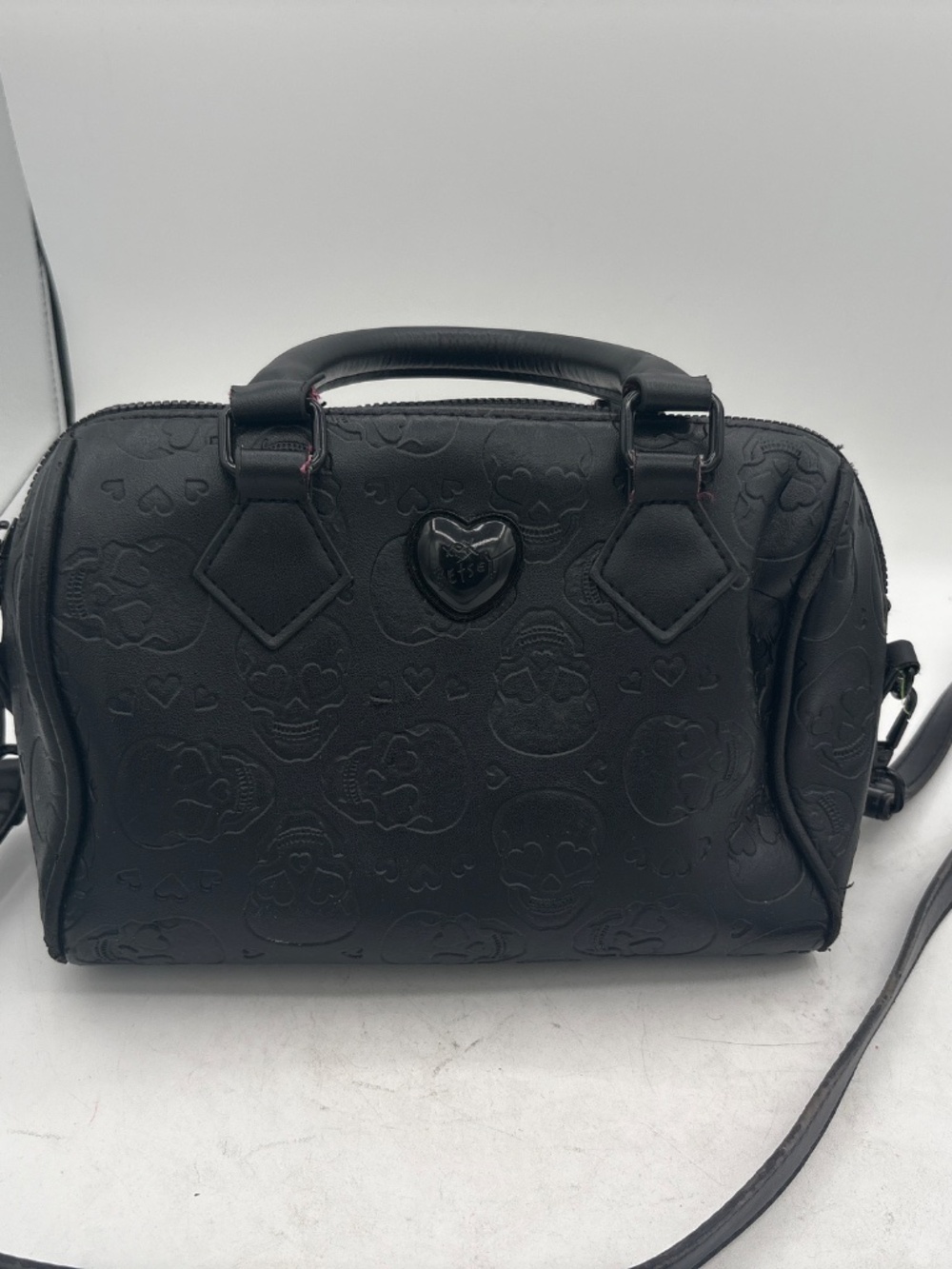 Betsey Johnson Black Embossed Skulls and Heart Satchel Crossbody Bag